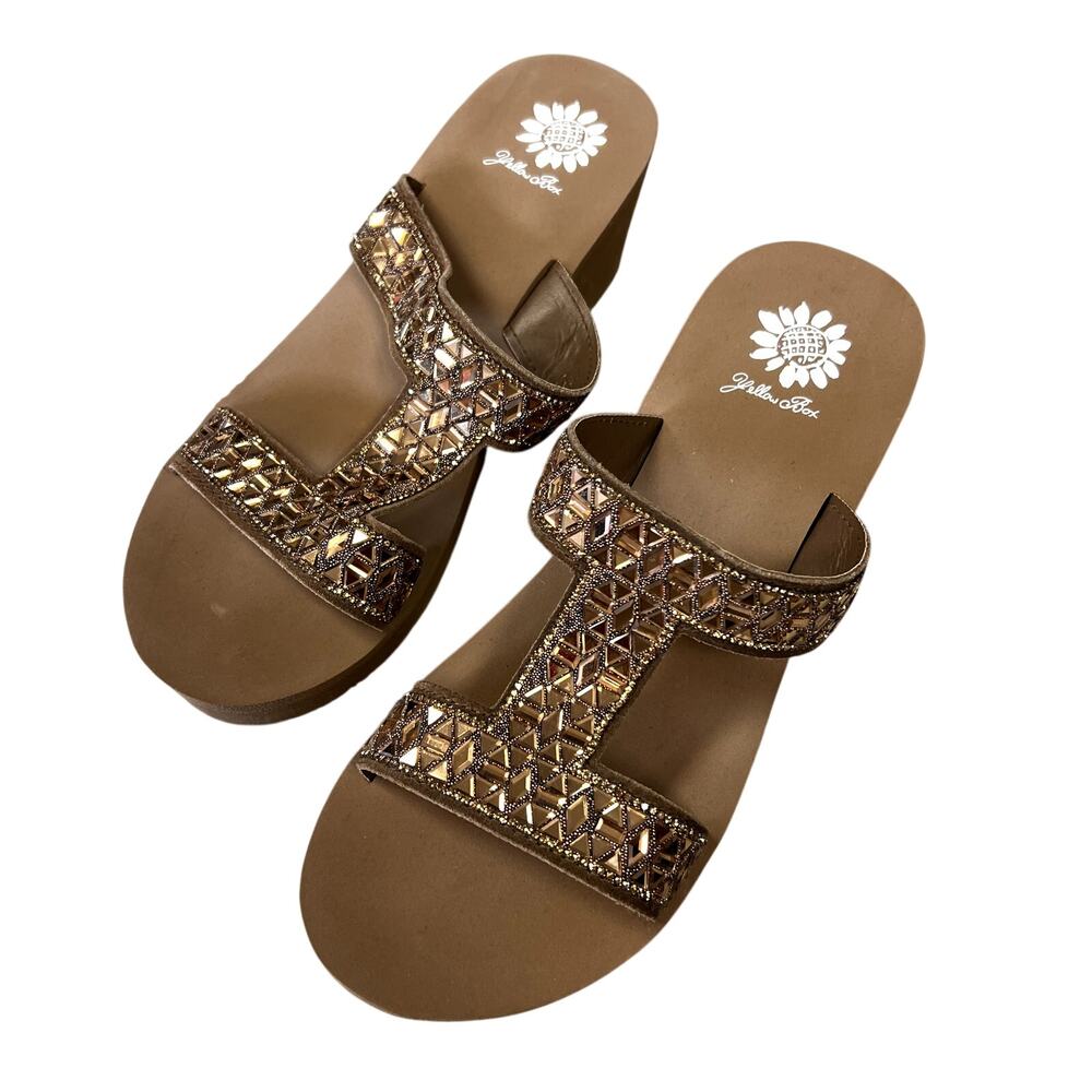 Yellowbox Witley Wedge Brown Embellished Sandals Size 9.5